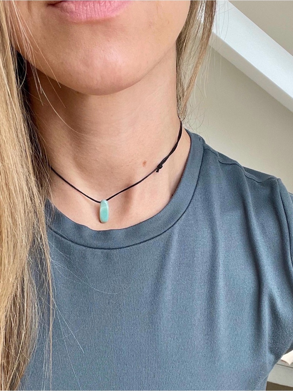 Amazonite Green Stone Pendant Necklace on Black Cord - Women Jewelry
